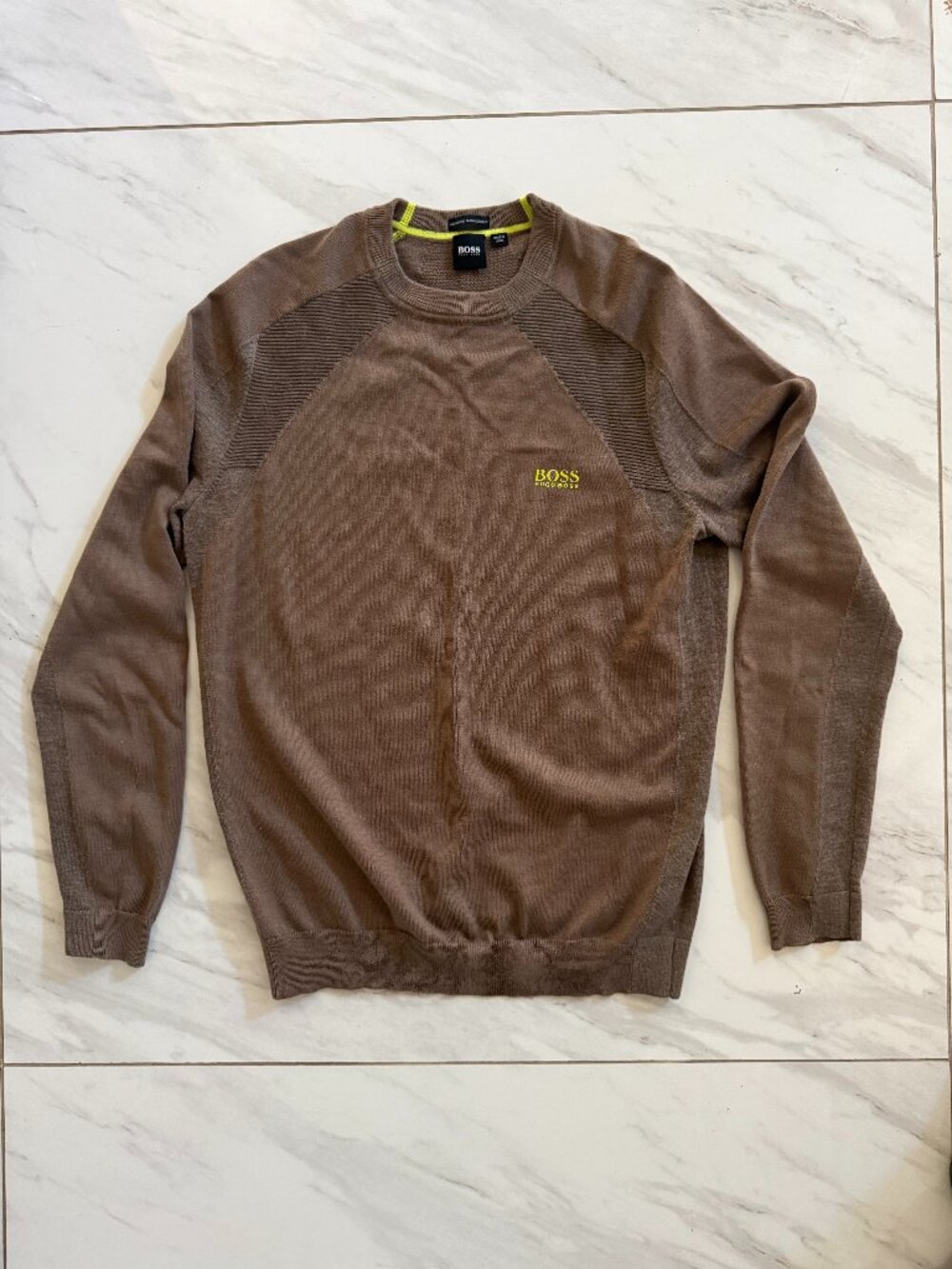 BOSS Hugo Boss Men's Brown Crewneck Sweater Size M Logo Taupe Stylish Wool